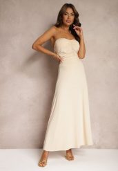 Beżowa Rozkloszowana Spódnica High Waist z Marszczeniem w Pasie Nolisea. Brązowe spódnice damskie Renee, l, bez wzorów, z materiału, maxi. Za 99.99 zł.