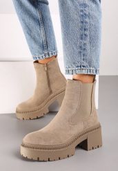 Ciemnobeżowe Botki na Platformie i Obcasie Sztyblety w Stylu Grunge z Elastyczną Wstawką Lerisela. Brązowe botki damskie Born2be, z jeansu, eleganckie, bez obcasa, na obcasie, bez zapięcia. Za 149.99 zł.