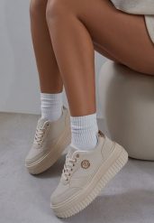 Beżowe Sneakersy Vices na Platformie z Tłoczeniem Ozdobione Metaliczną Aplikacją Eriri. Brązowe obuwie sportowe damskie Renee, z jeansu, bez zapięcia. Za 119.99 zł.