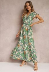 Zielona Sukienka z Wiskozy Maxi w Kwiaty Mahiza. Zielone sukienki damskie Renee, bez wzorów, z tkaniny, bez ramiączek. W wyprzedaży za 67.99 zł.