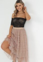 Beżowa Spódnica z Gumką w Pasie i Zdobieniami Tiulowymi Elesia. Brązowe spódnice damskie Born2be, m, z aplikacjami, z tiulu, eleganckie, midi. Za 169.99 zł.
