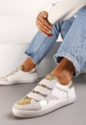 Złoto-Białe Sneakersy Ozdobione Brokatem z Rzepami Dolanda. Brązowe obuwie sportowe damskie Renee, z materiału, bez zapięcia. Za 79.99 zł.