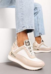 Beżowo-Białe Sneakersy z Metaliczną Wstawką i Ozdobnym Napisem na Ukrytym Koturnie Alivewna. Brązowe obuwie sportowe damskie Renee, na lato, bez zapięcia. Za 149.99 zł.