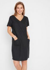 Sukienka z tkaniny z lnem, dł. do kolan. Fioletowe sukienki damskie bonprix, bez wzorów, z tkaniny, bez ramiączek. Za 134.99 zł.