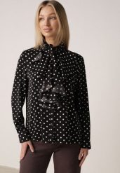 Czarna Wiskozowa Koszula w Kropki ze Stójką z Ozdobnymi Falbanami Isamene. Czarne koszule damskie Born2be, m, bez wzorów, z jeansu, klasyczne, bez kołnierzyka, bez ramiączek. Za 139.99 zł.