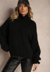Czarny Golf z Wełną i Wiskozą Oversize Ozdobiony przy Dekolcie z Falbanką Ninnatria. Czarne golfy damskie Renee, l, z aplikacjami, z wełny, bez ramiączek. Za 159.99 zł.