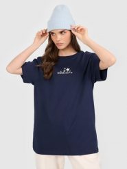 4F T-shirt oversize z nadrukiem damski - granatowy XS. Niebieskie t-shirty damskie 4F, xs, bez wzorów, z dzianiny, bez kołnierzyka. Za 79.99 zł.