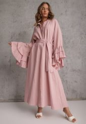 Różowa Koszulowa Sukienka z Wiskozy Ozdobiona Paskiem i Falbanami Tinethra. Czerwone sukienki damskie Renee, bez wzorów, z materiału, eleganckie, bez ramiączek. Za 199.99 zł.