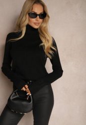 Czarny Golf Sweter o Dopasowanym Kroju z Kaszmirem Zairith. Czarne golfy damskie Renee, z aplikacjami, z jeansu, bez ramiączek. Za 79.99 zł.