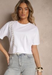 Biały T-shirt z Bawełny Ozdobiony Cyrkoniami Lavnelis. Białe t-shirty damskie Renee, l, bez wzorów, z bawełny, bez kołnierzyka. Za 39.99 zł.