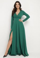 Ciemnozielona Rozkloszowana Sukienka z Dekoltem w Serek i Rozcięciem Zdobiona Metaliczną Nicią Emilandra. Zielone sukienki damskie Born2be, z aplikacjami, z materiału, eleganckie, bez ramiączek. W wyprzedaży za 178.49 zł.