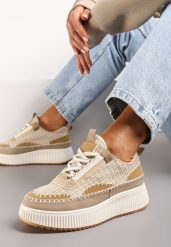 Ciemnobeżowe Tweedowe Sneakersy na Platformie z Przeszyciem Orilenes. Brązowe obuwie sportowe damskie Renee, bez zapięcia. Za 109.99 zł.