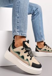 Beżowo-Czarne Sneakersy na Platformie Nazario. Brązowe obuwie sportowe damskie Renee, bez zapięcia. Za 99.99 zł.
