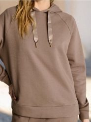 Bluza hoodie z ozdobną tasiemką - brązowy. Brązowe bluzy damskie Sinsay, l, bez wzorów, bez kaptura. Za 49.99 zł.