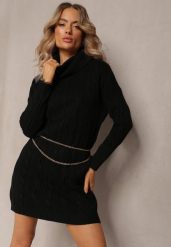 Czarna Mini Sukienka ze Sweterkowej Dzianiny z Szerokim Golfem i Ściągaczami Jilenma. Czarne sukienki damskie Renee, bez wzorów, z dzianiny, bez ramiączek. W wyprzedaży za 95.99 zł.
