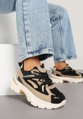 Czarno-Beżowe Sneakersy na Grubej Podeszwie z Tłoczeniem i Geometrycznym Wzorem Iveloria. Czarne obuwie sportowe damskie Born2be, z jeansu, bez zapięcia. Za 99.99 zł.