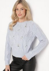 Niebieski Sweter Ozdobiony Tłoczeniem i Kwiatkami Eretina. Niebieskie swetry klasyczne damskie Born2be, m, z jeansu, bez kołnierzyka. Za 139.99 zł.