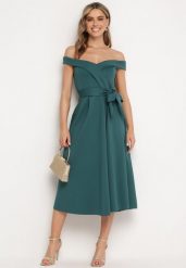 Zielona Elegancka Sukienka o Fasonie Hiszpanki z Materiałowym Paskiem Xaelia. Zielone sukienki damskie Born2be, bez wzorów, z materiału, eleganckie, bez ramiączek. W wyprzedaży za 135.99 zł.