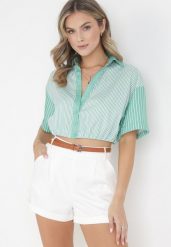 Zielona Krótka Retro Bluzka w Paski na Guziki Shodi. Zielone bluzki damskie Born2be, bez wzorów, retro, bez kołnierzyka, bez ramiączek. Za 34.99 zł.