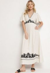 Beżowa Rozkloszowana Sukienka z Lnem i Wiskozą Ozdobiony Haftem Ronica. Brązowe sukienki damskie Born2be, z aplikacjami, z wiskozy, bez ramiączek. Za 189.99 zł.