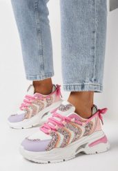 Różowo-Fioletowe Sneakersy na Platformie z Brokatowymi Wstawkami Flenai. Czerwone obuwie sportowe damskie Born2be, bez zapięcia. Za 109.99 zł.
