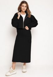 Czarny Komplet Casualowy Bluza z Suwakiem i Stójką oraz Spódnica z Kieszeniami Hettora. Czarne bluzy damskie Born2be, l, bez wzorów, bez kaptura. Za 149.99 zł.