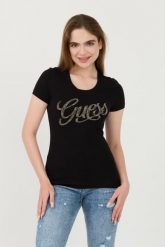 GUESS Czarny damski t-shirt Script, Rozmiar XS. Czarne t-shirty damskie Guess, xs, z aplikacjami, bez kołnierzyka. W wyprzedaży za 165.99 zł.