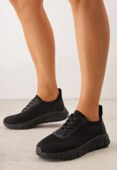 Czarne Dzianinowe Sneakersy na Grubej Podeszwie ze Żłobieniami Enolora. Czarne obuwie sportowe damskie Born2be, z dzianiny, bez zapięcia, na fitness i siłownię. Za 79.99 zł.