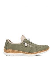 Rieker Półbuty N42G0-52 Zielony. Zielone półbuty damskie Rieker, bez wzorów, z materiału, bez obcasa, na płaskiej podeszwie, bez zapięcia. Za 349.99 zł.