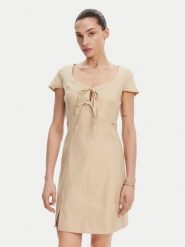 Guess Sukienka letnia W5GK41 WH5L2 Beżowy Regular Fit. Brązowe sukienki damskie Guess, z aplikacjami, ze lnu, bez ramiączek. Za 499.99 zł.