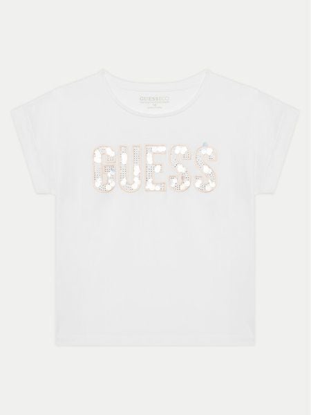 Guess T-Shirt J5GI09 K6YW4 Biały Regular Fit. Białe koszulki i t-shirty dziewczęce Guess, z aplikacjami, z bawełny, bez kołnierzyka, bez ramiączek. Za 59.99 zł.