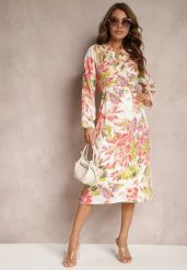 Biało-Różowa Kopertowa Sukienka z Kwiecistym Printem Aleratoa. Białe sukienki damskie Renee, bez wzorów, eleganckie, bez ramiączek. W wyprzedaży za 119.99 zł.