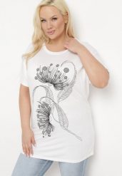 Biały T-shirt z Ozdobnym Nadrukiem i Cyrkoniami Colilena. Białe t-shirty damskie Born2be, uniwersalny, bez wzorów, bez kołnierzyka. Za 39.99 zł.