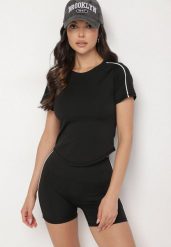 Czarny Komplet Sportowy T-shirt i Szorty z Ozdobnym Lampasem Zorettia. Czarne spodenki sportowe damskie Born2be, m, bez wzorów, z jeansu, na fitness i siłownię. Za 74.99 zł.