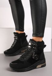 Czarne Sneakersy na Koturnie z Wysoką Cholewką Aplikacją i Futerkiem Typu Baranek Sinirithe. Czarne obuwie sportowe damskie Born2be, z jeansu, przed kolano, bez zapięcia. Za 109.99 zł.