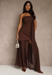Brązowa Wieczorowa Sukienka Bandeau z Dodatkowym Szalem Meridvia. Brązowe sukienki damskie Renee, bez wzorów, wizytowe, bez ramiączek. Za 149.99 zł.