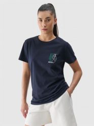 4F T-shirt slim z nadrukiem damski - granatowy XS. Niebieskie t-shirty damskie 4F, xs, bez wzorów, z bawełny, bez kołnierzyka. W wyprzedaży za 29.99 zł.