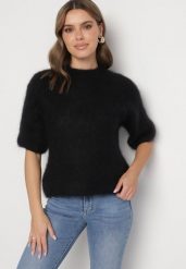 Czarny Moherowy Sweter o Kroju Nietoperza z Rękawami 3/4 Eleanira. Czarne swetry klasyczne damskie Born2be, na zimę, uniwersalny, z jeansu, bez kołnierzyka. Za 279.99 zł.