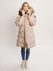 Bébé Płaszcz zimowy w kolorze beżowym rozmiar: XL. Brązowe płaszcze damskie bebe, na zimę, xl, bez wzorów, z puchu, bez kaptura. Za 195.99 zł.