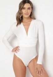 Białe Body z Głębokim Dekoltem i Marszczeniem w Talii Ilabra. Białe body i gorsety Born2be, bez wzorów, z materiału. Za 79.99 zł.