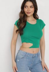 Zielony Bawełniany T-shirt z Asymetrycznym Wycięciem i Ozdobnym Łańcuszkiem Glitia. Zielone t-shirty damskie Born2be, m, bez wzorów, z bawełny, z asymetrycznym kołnierzem. Za 49.99 zł.