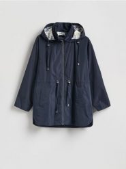 Kurtka parka z kapturem - granatowy. Niebieskie kurtki damskie Reserved, l, bez wzorów, z tkaniny, z kapturem. Za 179.99 zł.