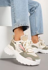 Beżowo-Zielone Sneakersy na Podeszwie z Tłoczeniami w Streetwearowym Stylu Vaniffia. Brązowe obuwie sportowe damskie Born2be, z jeansu, bez zapięcia. Za 119.99 zł.