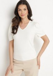 Beżowy T-shirt z Dekoltem w Serek Sunesse. Brązowe t-shirty damskie Born2be, m, bez wzorów, z jeansu, bez kołnierzyka. Za 34.99 zł.