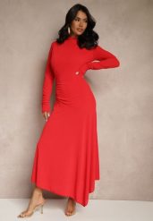 Czerwona Asymetryczna Sukienka Koktajlowa z Ozdobnymi Guzikami Dralriti. Czerwone sukienki damskie Renee, bez wzorów, eleganckie, bez ramiączek. W wyprzedaży za 127.99 zł.