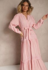 Różowa Wiskozowa Sukienka o Rozkloszowanym Kroju z Wiązanym Paskiem i Koronką Reisavien. Czerwone sukienki damskie Renee, bez wzorów, z koronki, eleganckie, bez ramiączek. W wyprzedaży za 127.99 zł.