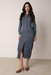 Niebieska Jeansowa Sukienka Koszulowa o Taliowanym Kroju Neveala. Niebieskie sukienki damskie Born2be, bez wzorów, z jeansu, klasyczne, bez ramiączek. Za 219.99 zł.