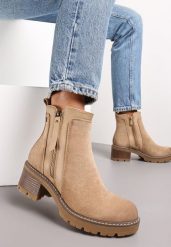 Beżowe Klasyczne Botki na Obcasie z Dekoracyjnym Suwakiem Vanim. Brązowe botki damskie Renee, eleganckie, bez obcasa, na obcasie, bez zapięcia. Za 159.99 zł.