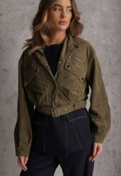Zielona Kurtka Utility Cropped z Imitacji Zamszu z Suwakami i Paskiem w Talii Gleania. Zielone kurtki damskie Renee, l, bez wzorów, z koronki, bez kaptura. Za 209.99 zł.