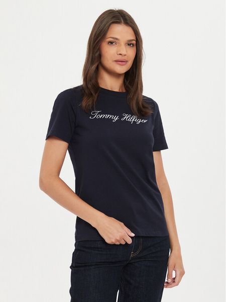 Tommy Hilfiger T-Shirt Script WW0WW43459 Granatowy Regular Fit. Niebieskie t-shirty damskie Tommy Hilfiger, l, bez wzorów, z bawełny, bez kołnierzyka. Za 109.99 zł.